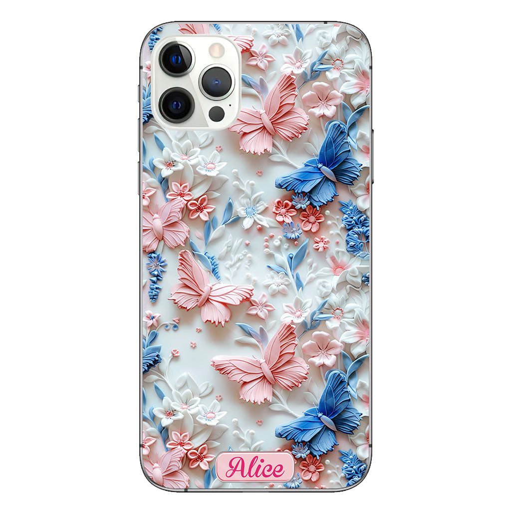 Coque de téléphone transparente personnalisée avec papillons roses et bleus