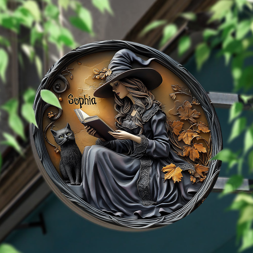 Beautiful Witch & Her Black Cat - Personalized Witch Round Metal Sign