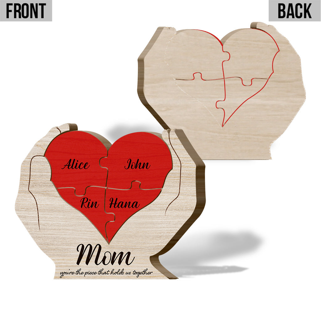 Maman, tu es le pilier de notre couple - Puzzle en bois personnalisé en forme de maman - Mains fleuries tenant un cœur