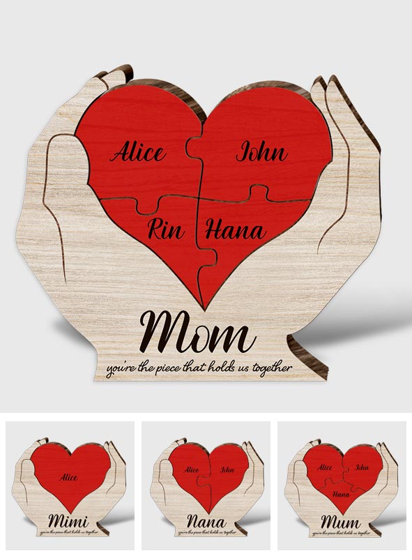 Maman, tu es le pilier de notre couple - Puzzle en bois personnalisé en forme de maman - Mains fleuries tenant un cœur