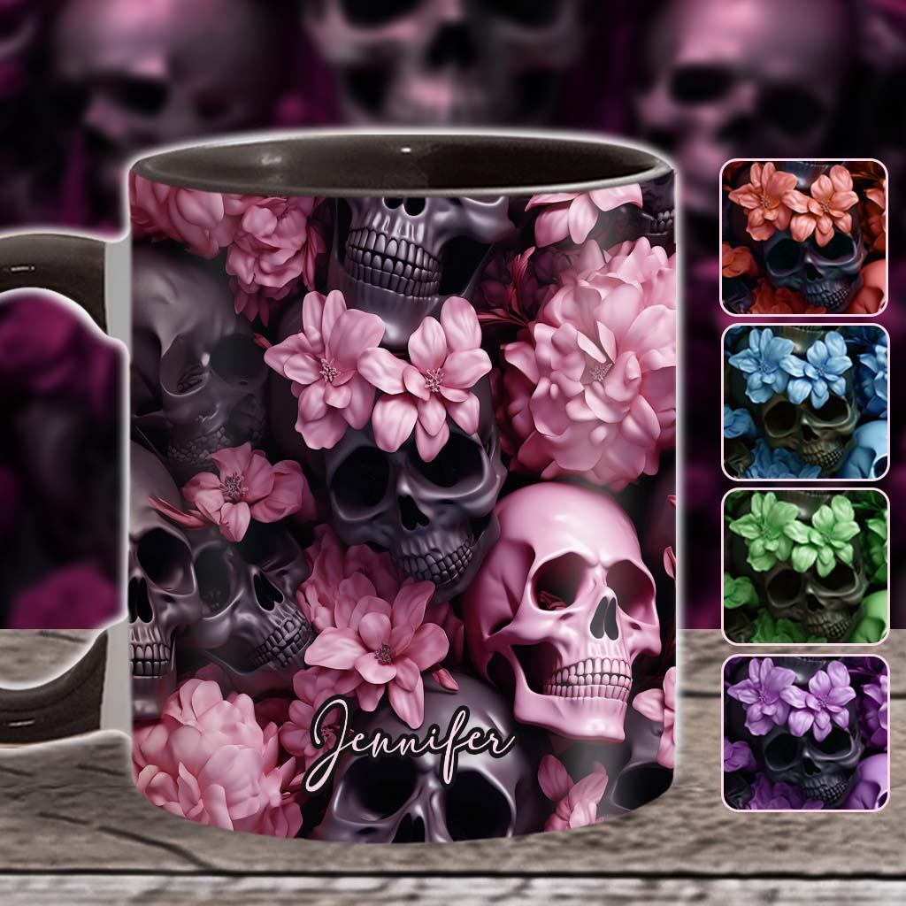 Pink Flowers Black Skulls - Personalized Skull Accent Mug