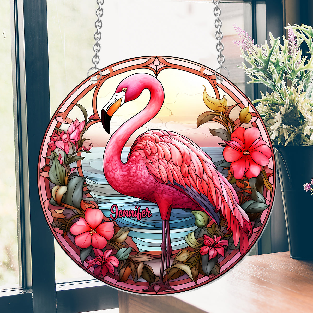 J'adore les flamants roses - Ornement attrape-soleil personnalisé à suspendre à la fenêtre, motif flamant rose 