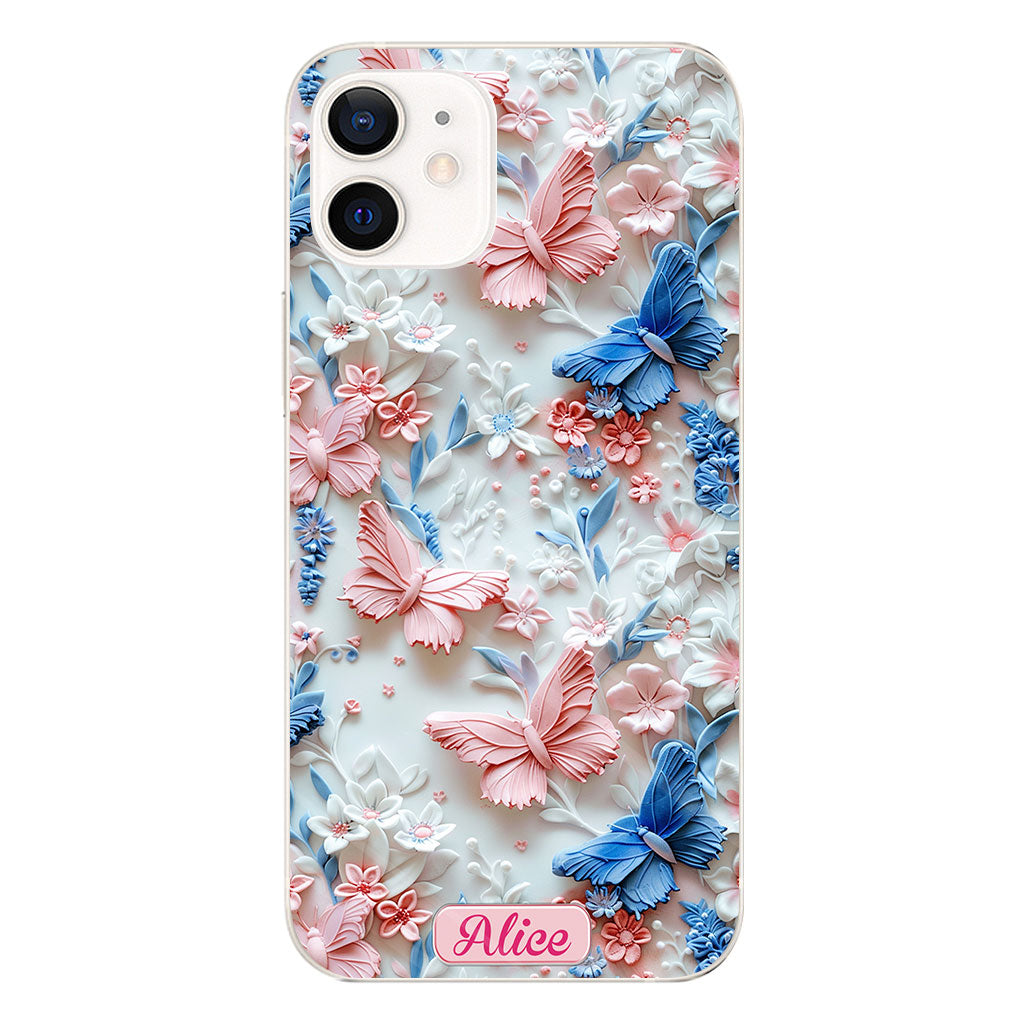 Coque de téléphone transparente personnalisée avec papillons roses et bleus