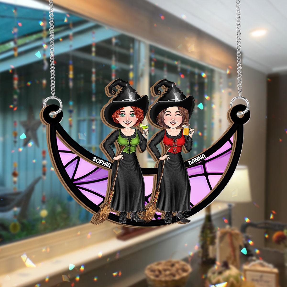 Witches Sitting On The Moon - Personalized Bestie 2 Layered Window Hanging Suncatcher