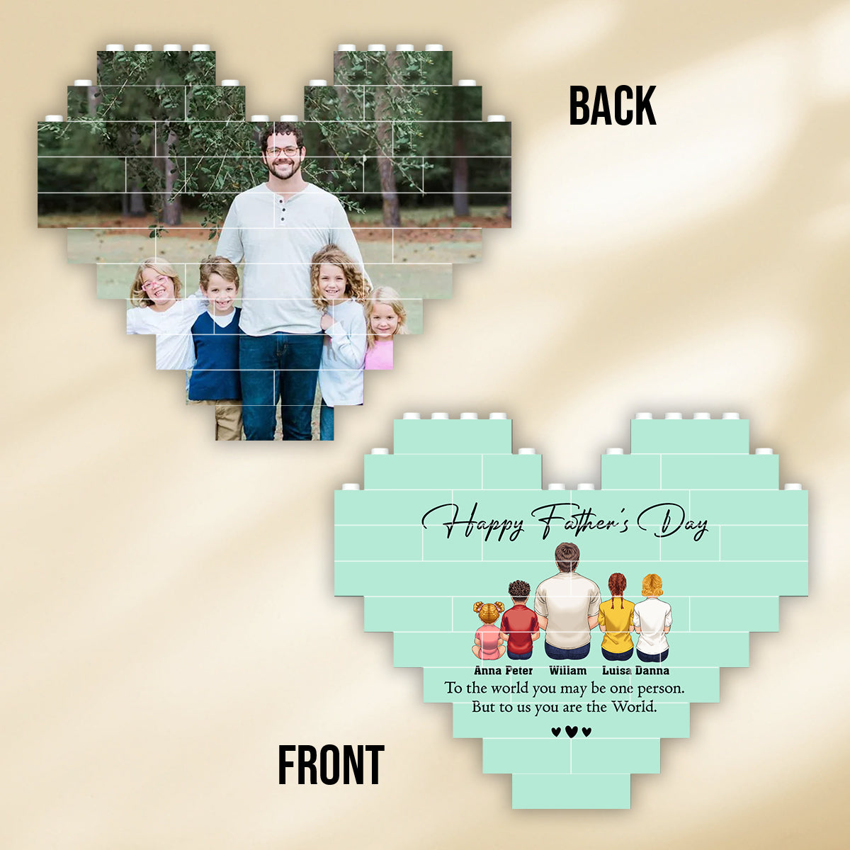 Bonne fête des pères ! Meilleur papa du monde ! Vue de dos - Homme Enfants - Blocs de construction personnalisés en forme de cœur pour papa, imprimés des deux côtés