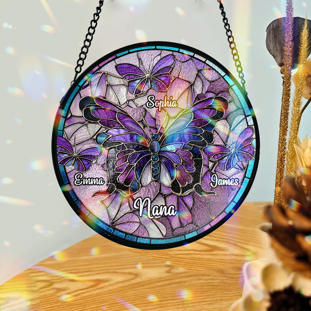 Nana Beautiful Butterfly - Titre au choix - Attrape-soleil en vitrail personnalisé pour grand-mère