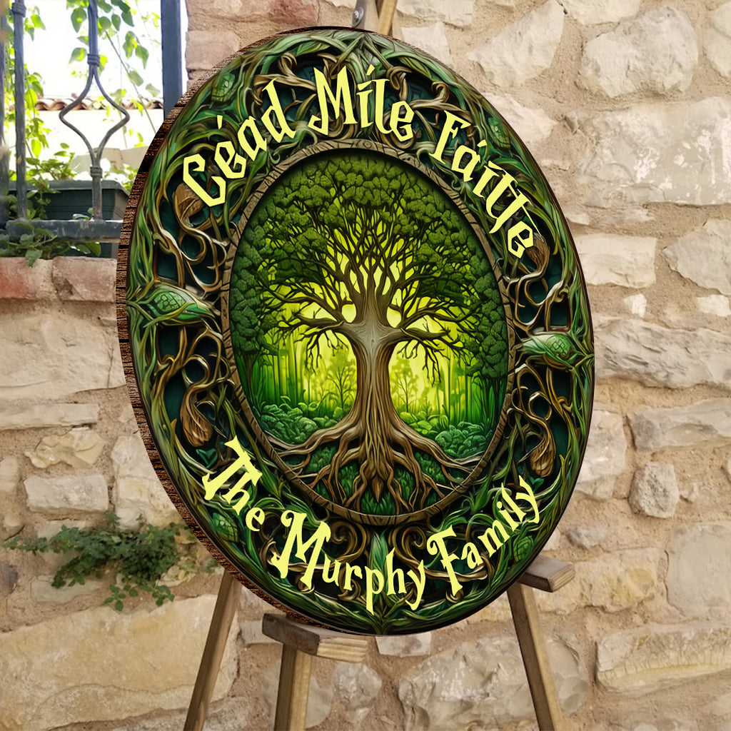 Panneau rond en bois irlandais personnalisé « Cead Mile Failte Arbre de Vie » style rustique