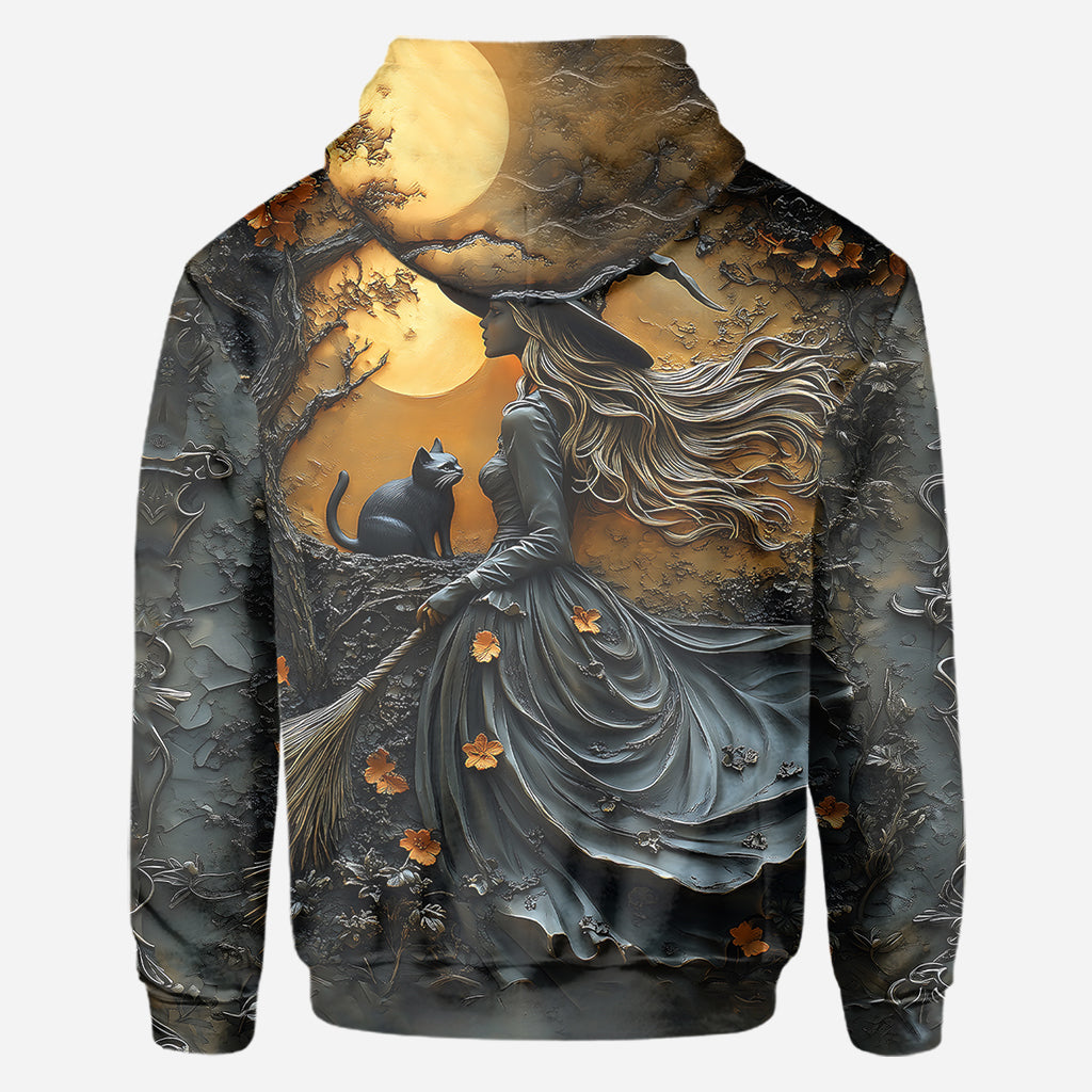 Belle sorcière et son chat noir - T-shirt personnalisé sorcière intégrale