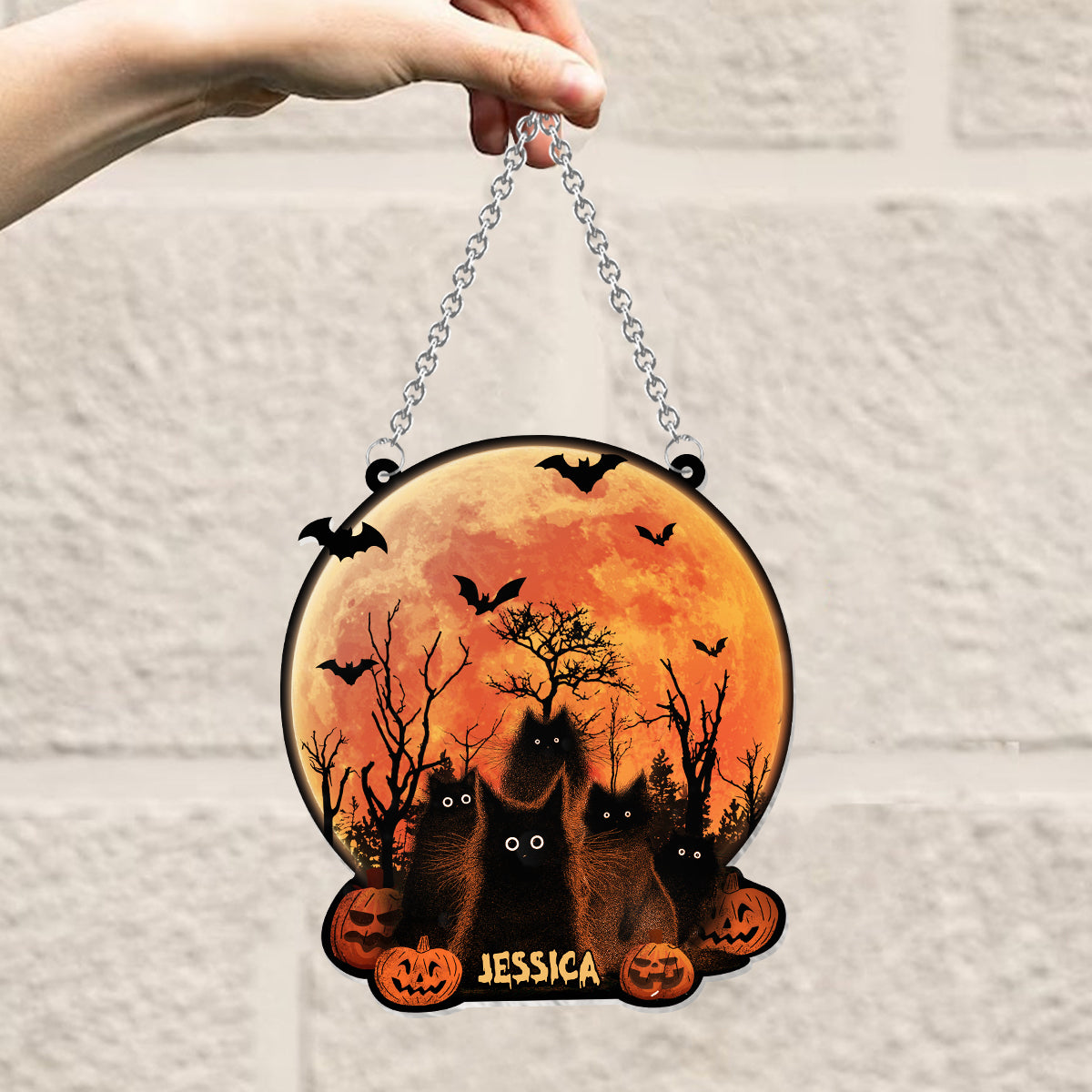 Chat noir lune d'Halloween - Ornement attrape-soleil personnalisé à suspendre à la fenêtre, motif chat noir 