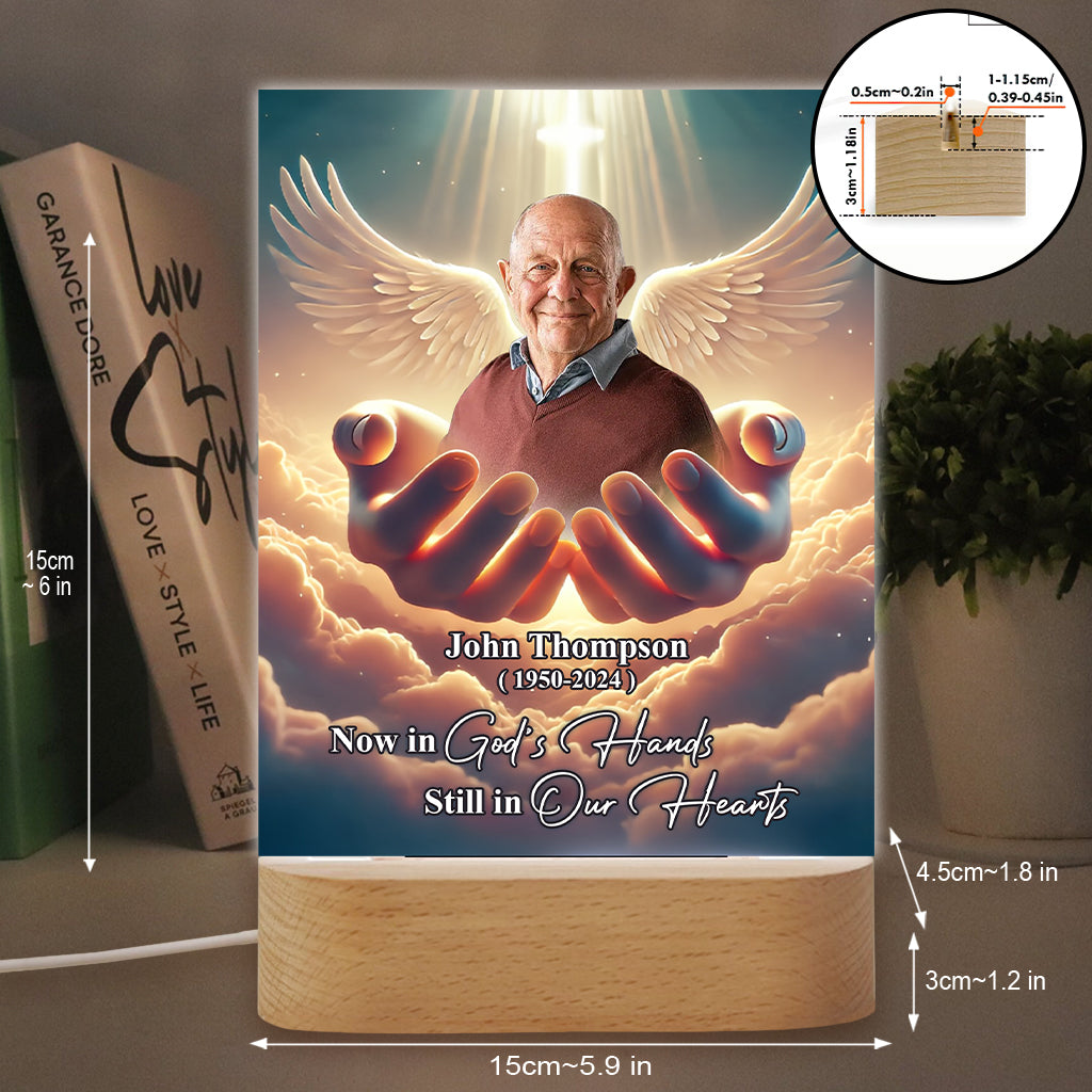 Now in God's hands Still in our hearts - Personalized Memorial Shaped Plaque Light Base