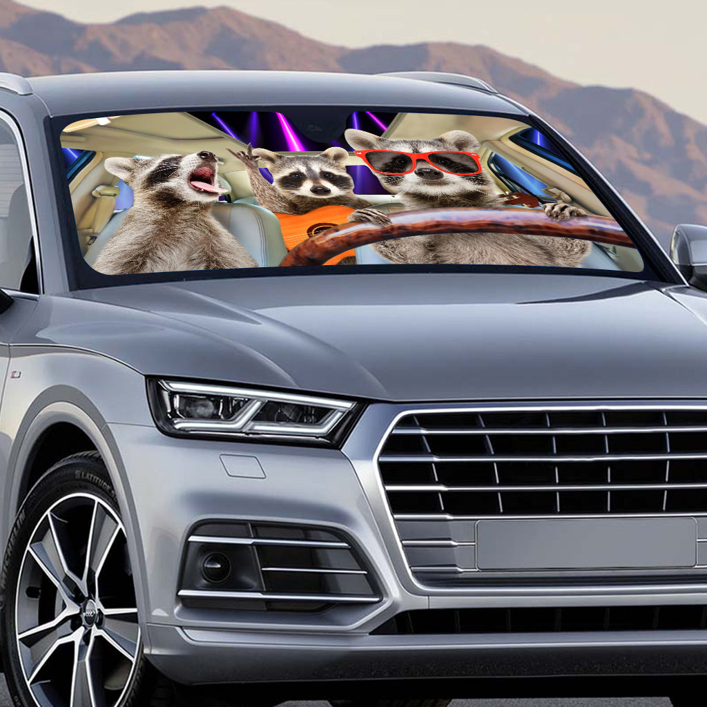 Pare-soleil de voiture personnalisé avec trois ratons laveurs rigolos