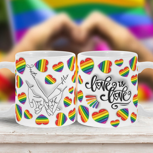 Mug personnalisé « Love Is Love » avec dessin au trait de mains – Soutien à la communauté LGBT