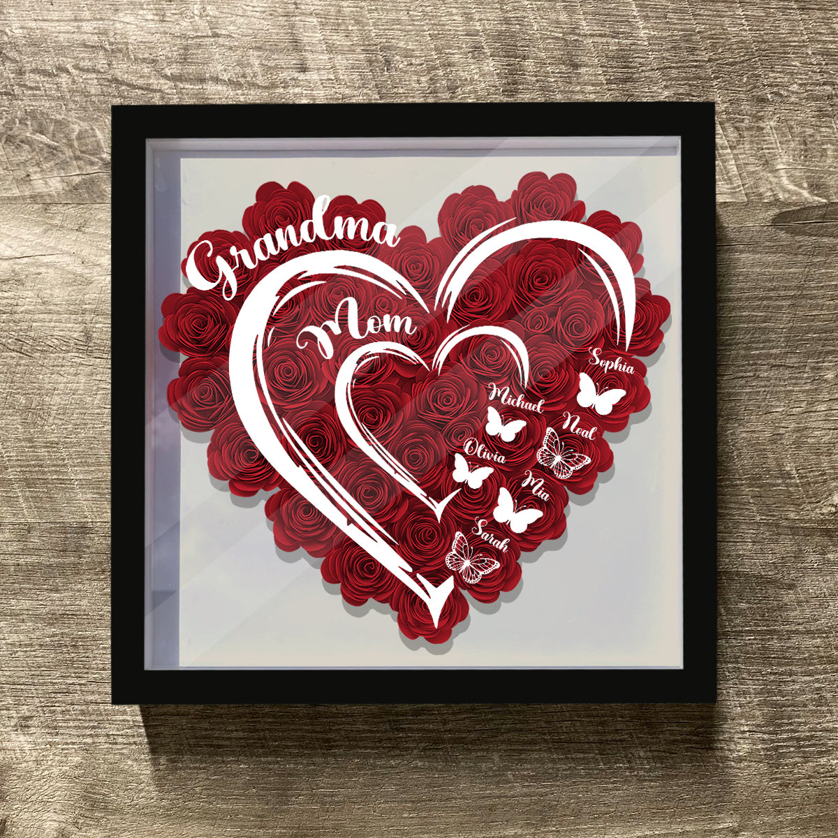 J'aime Maman Grand-mère Version Papillon - Boîte à ombres florale personnalisée pour grand-mère