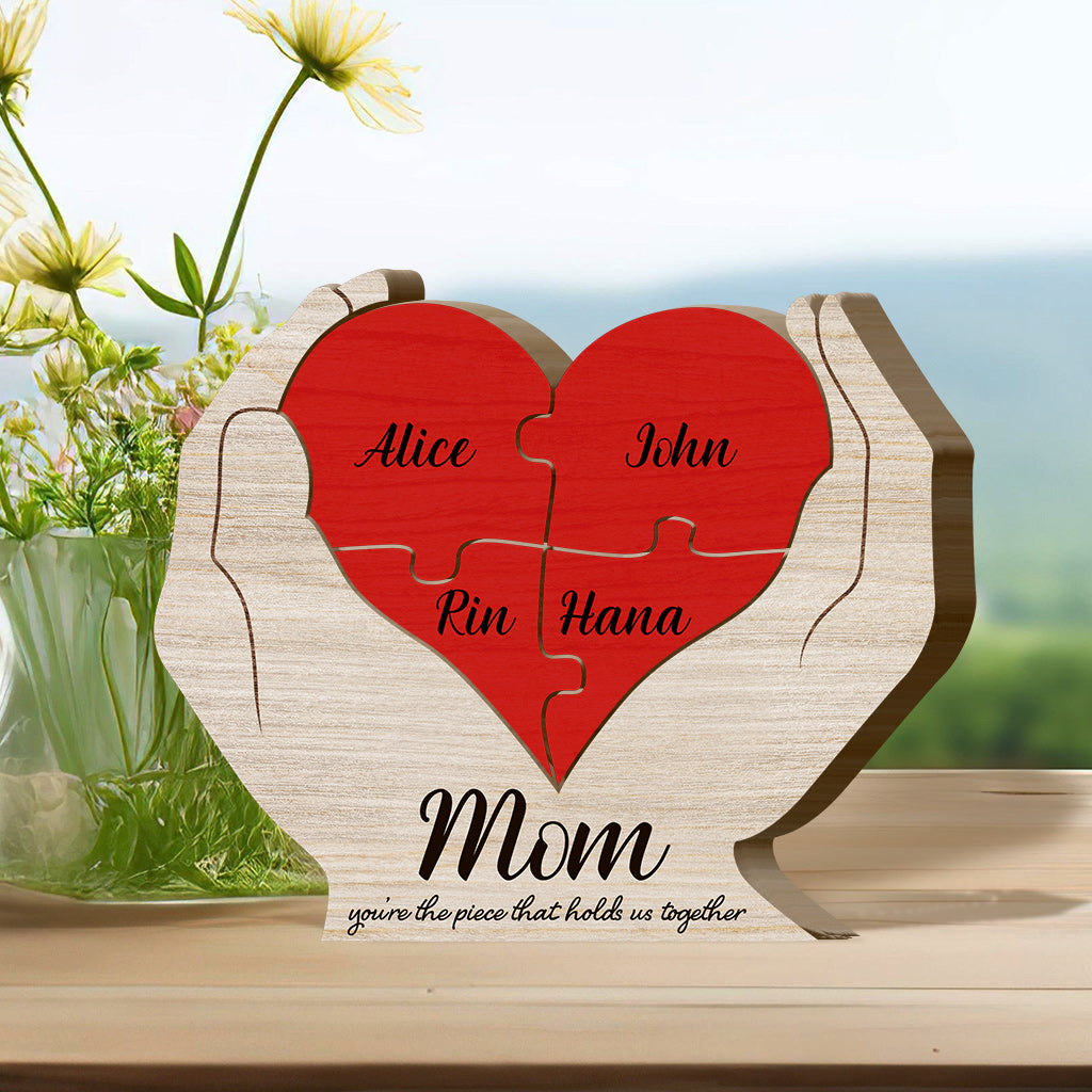 Maman, tu es le pilier de notre couple - Puzzle en bois personnalisé en forme de maman - Mains fleuries tenant un cœur