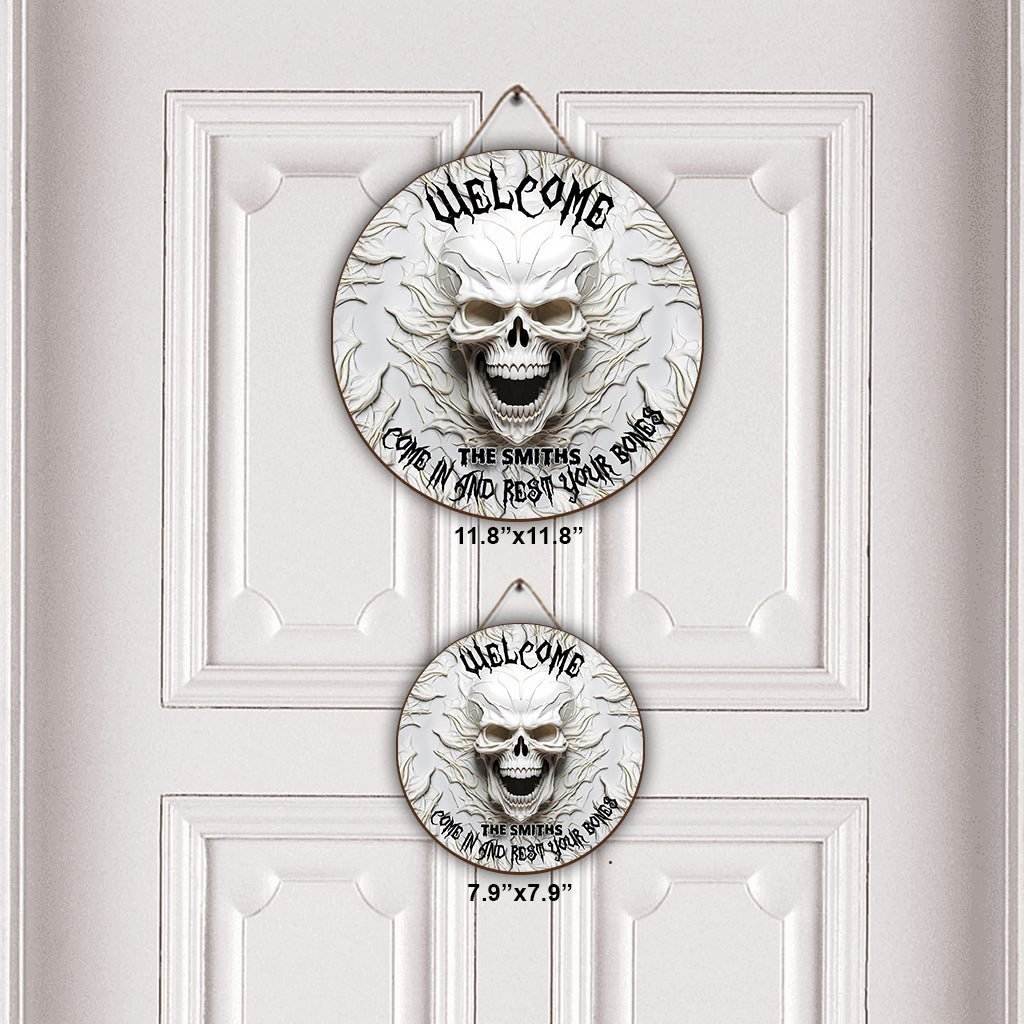 Entrez et reposez-vous - Panneau rond en bois personnalisé en forme de crâne