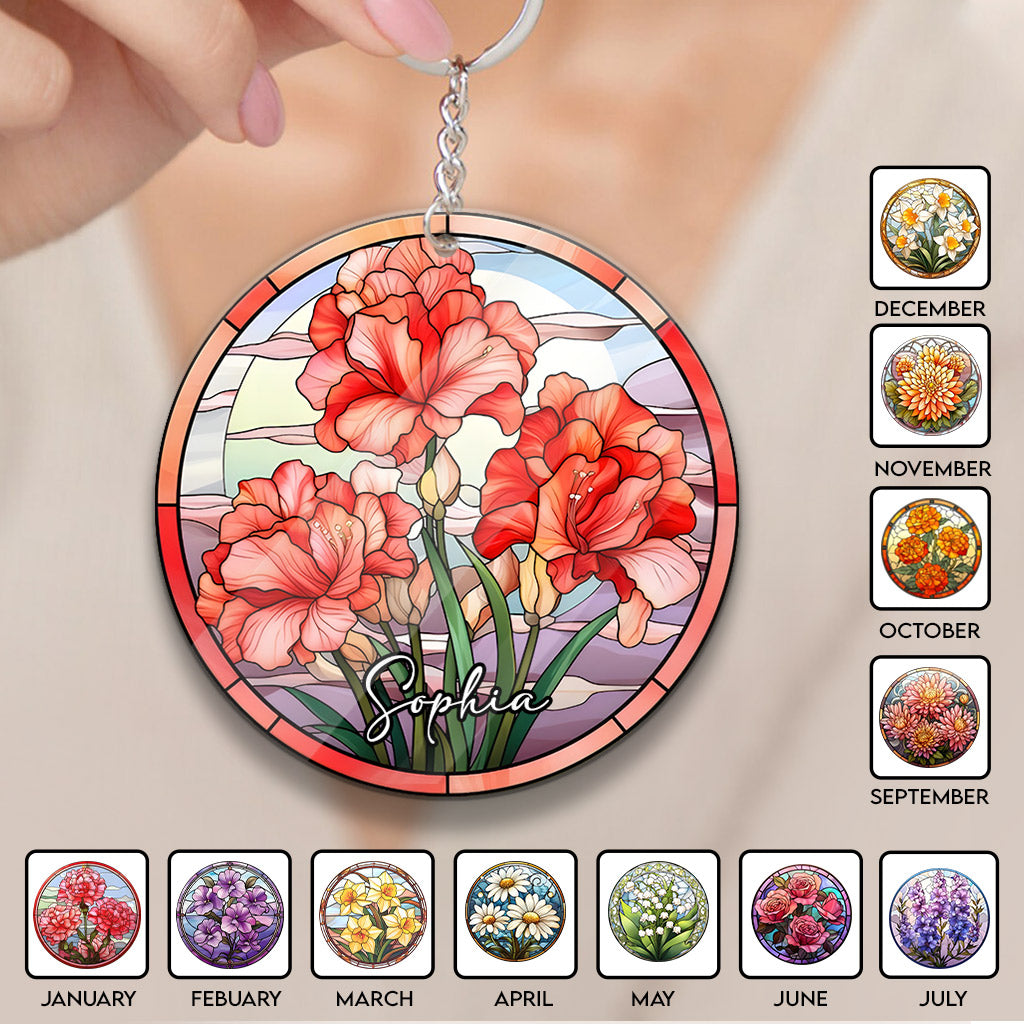 Porte-clés d'anniversaire personnalisé - Fleurs du mois de naissance en vitrail