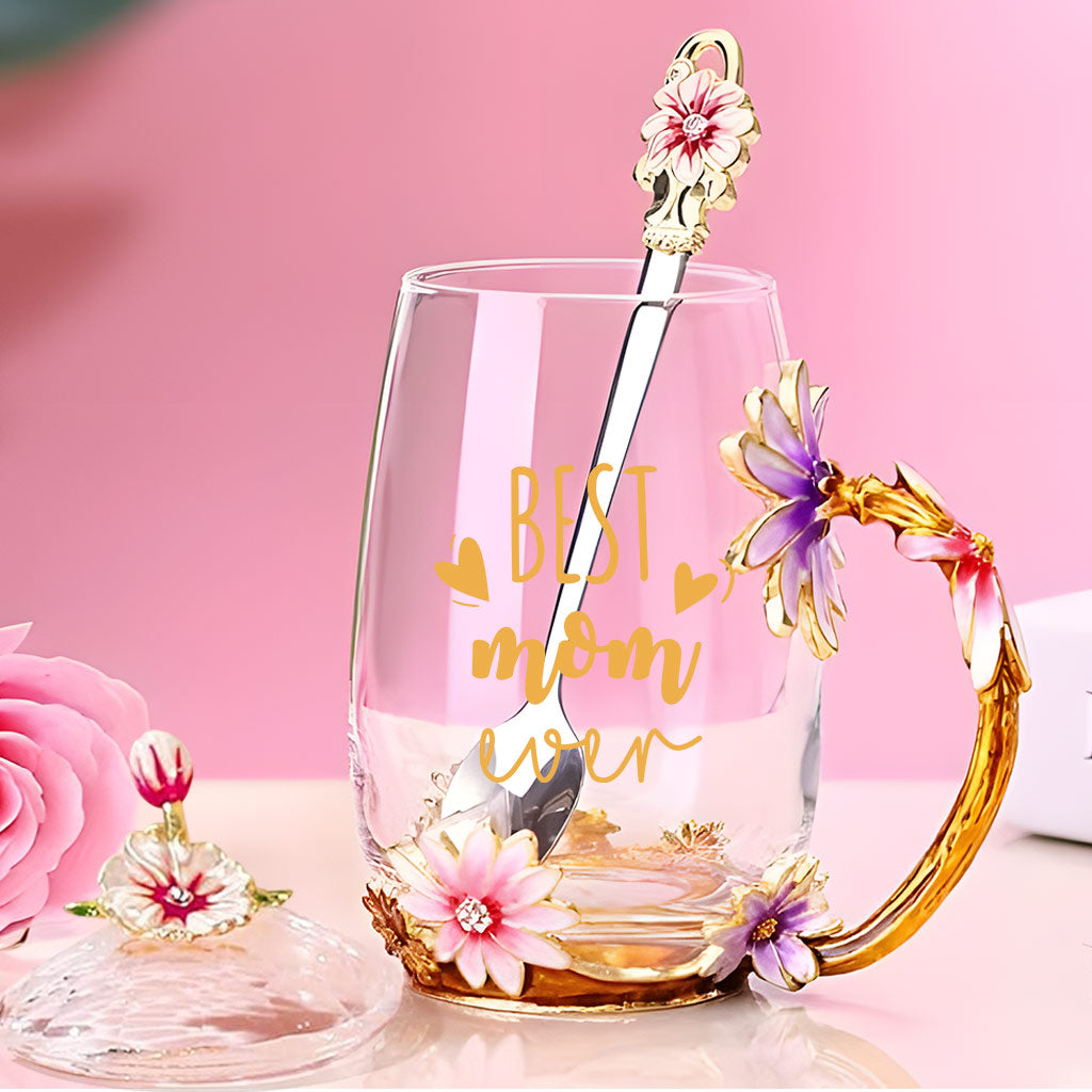 Meilleure maman du monde - Tasse à thé en verre personnalisée avec motif floral pour maman
