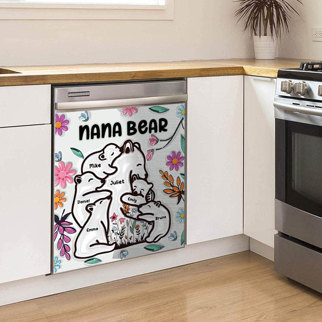 Housse de lave-vaisselle personnalisée « Mamie Ours câlinant ses petits » (motif floral)