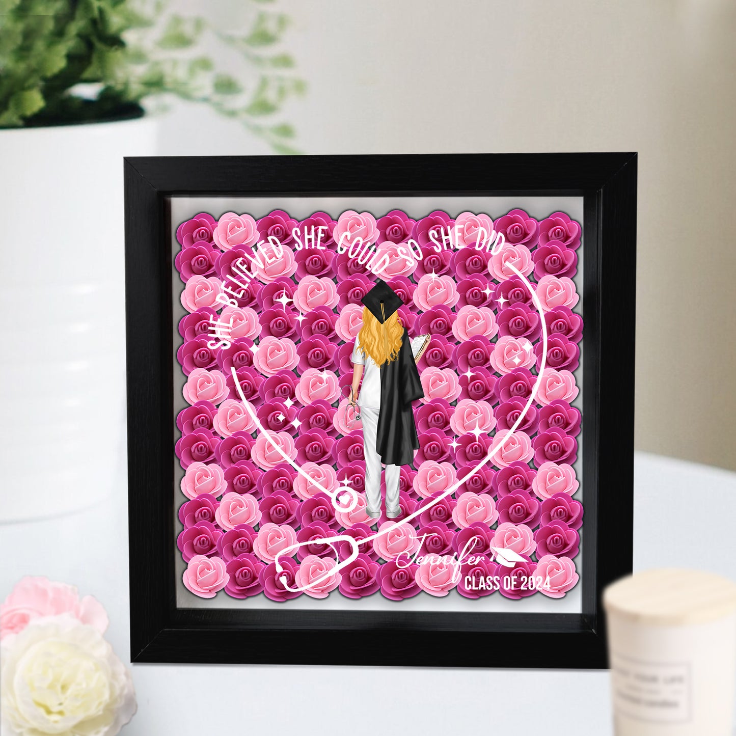 They Believed They Could So They Did - Personalized Graduation Custom Shaped Flower Shadow Box