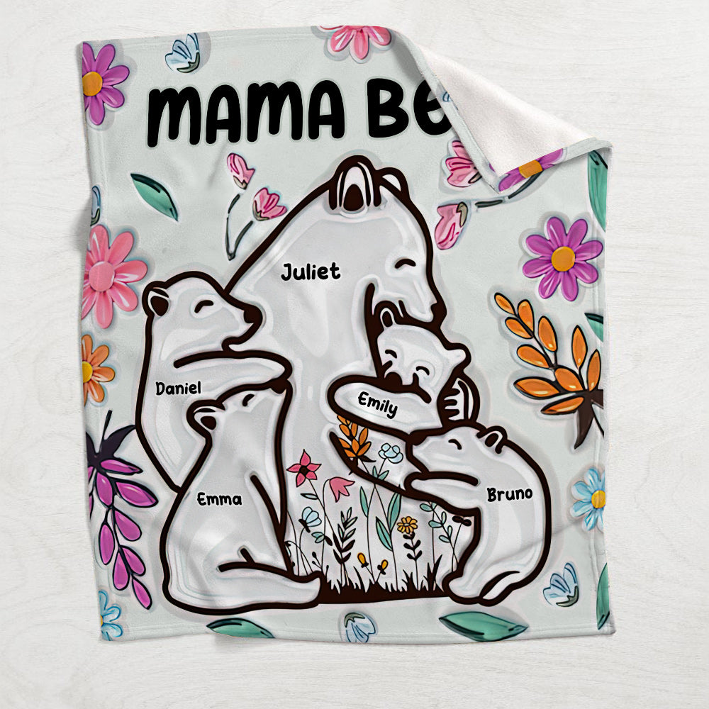 Couverture personnalisée « Maman ourse câlinant ses petits » style floral