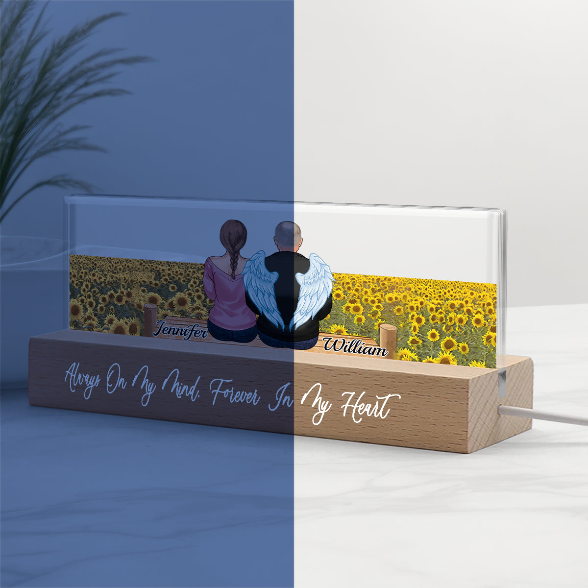 Veilleuse LED personnalisée Memorial Wings Sunflower Field - Souvenir commémoratif