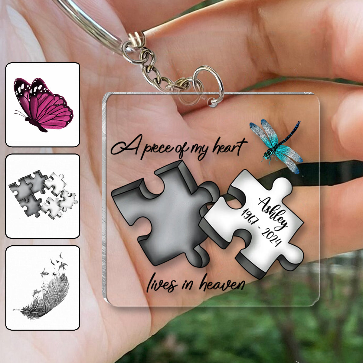 Porte-clés transparent commémoratif personnalisé - Papillon Libellule Plume Céleste -