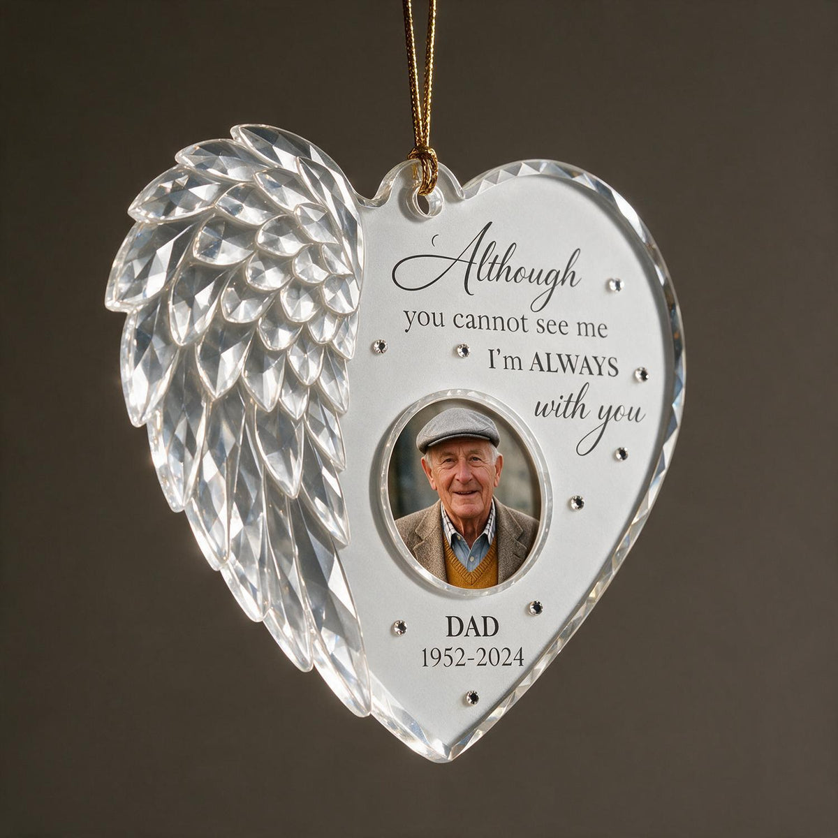 Ornement Mémorial Acrylique Personnalisé en Forme de Cœur avec Aile d'Ange - Photo Personnalisée en Souvenir de Papa