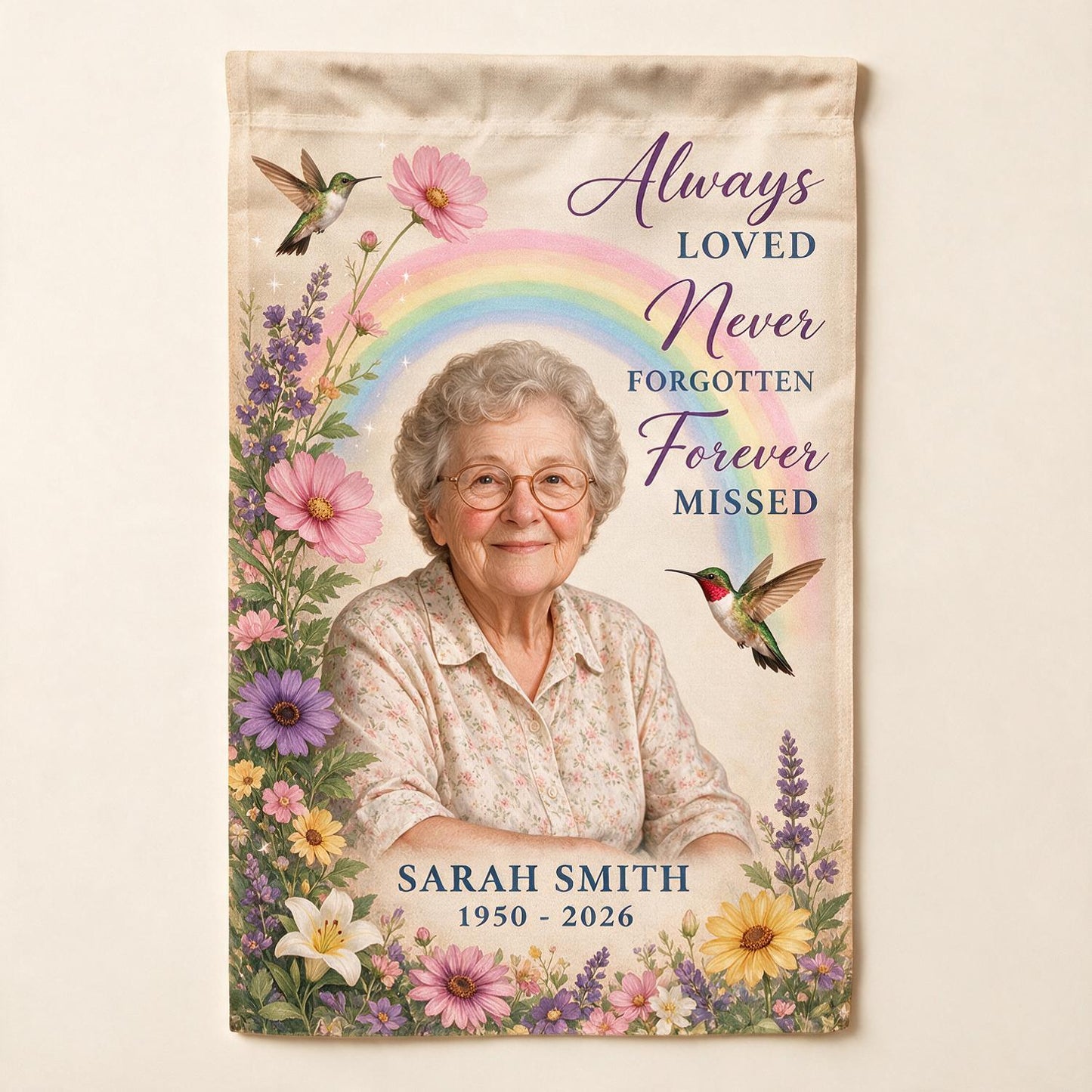 Personalized Hummingbird Rainbow Memorial Garden Flag - Custom Photo Sympathy Gift Remembrance Keepsake