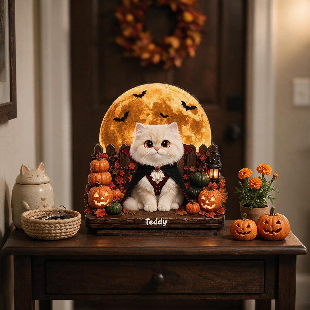 Plaque en Bois Personnalisée à 2 Couches pour Halloween - Chat Vampire Effrayant avec Citrouilles, Cadeau Personnalisé pour Amateurs de Chats