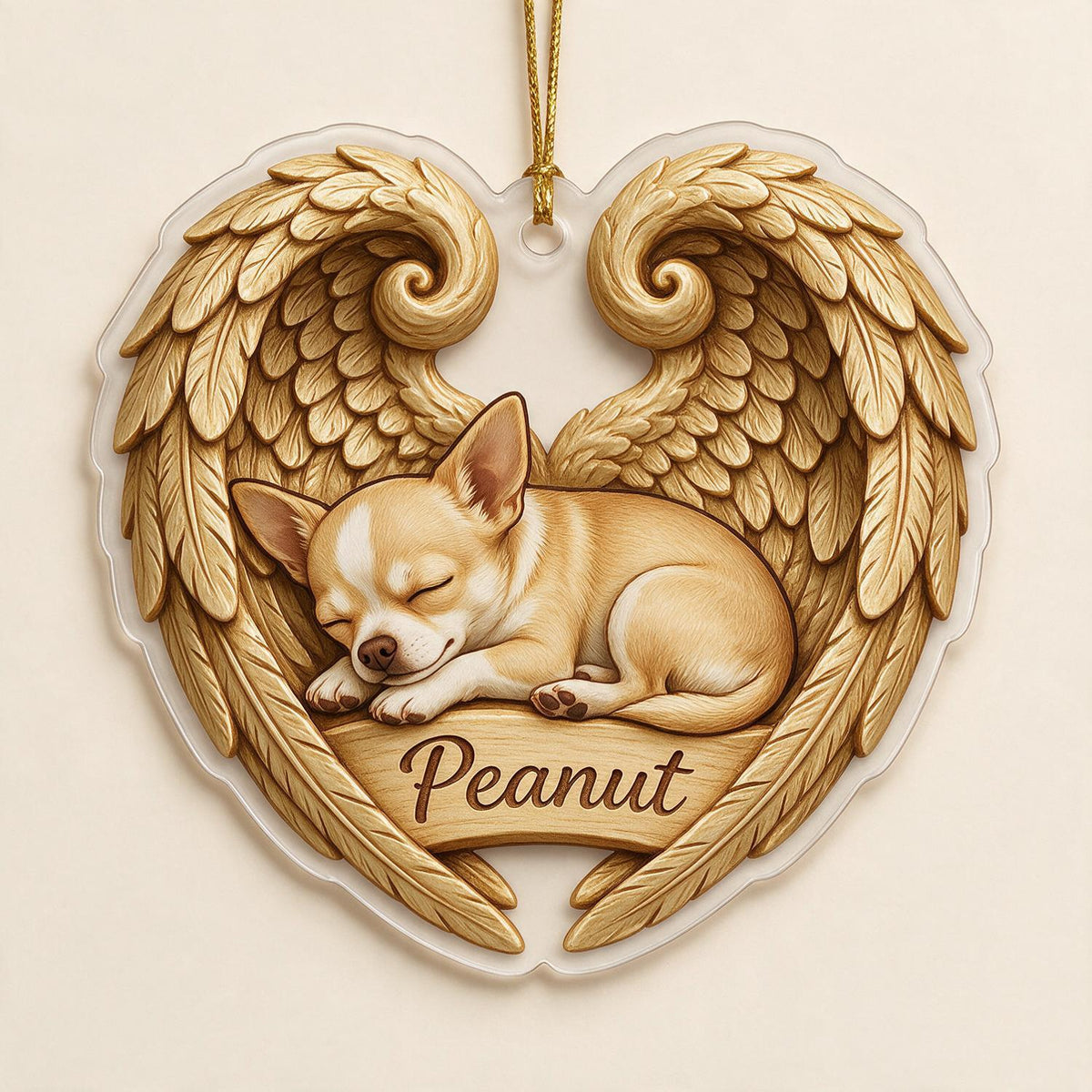 Sleeping Chihuahua Golden Angel Wings Heart Acrylic Ornament - Personalized Pet Memorial Sympathy Gift for Dog Lovers