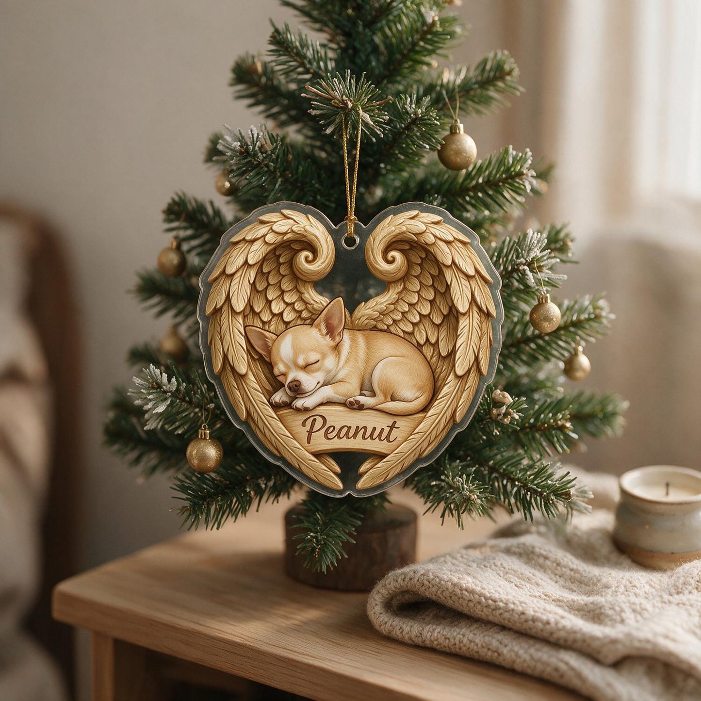 Sleeping Chihuahua Golden Angel Wings Heart Acrylic Ornament - Personalized Pet Memorial Sympathy Gift for Dog Lovers