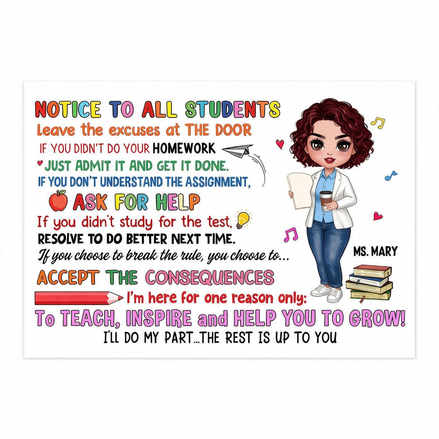 Personalized Notice To All Students Horizontal Poster, Doll Style Teacher Classroom Rules Wall Decor, Back To School Teacher Gift