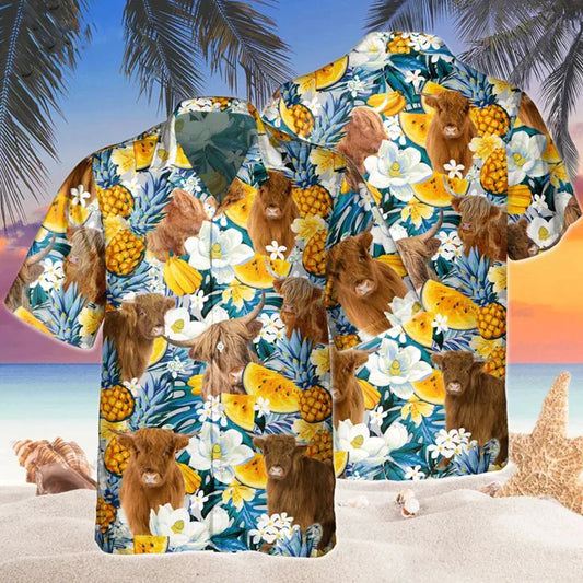 Highland Cow With Tropical Fruits Highland Cow Hawaiian Shirt 0624