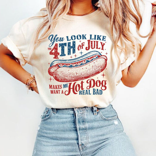 T-shirt du 4 juillet, T-shirt « Tu as l'air d'un 4 juillet, ça me donne vraiment envie d'un hot-dog », T-shirt de la fête de l'Indépendance, T-shirt et sweat à capuche pour les amoureux des hot-dogs du 4 juillet