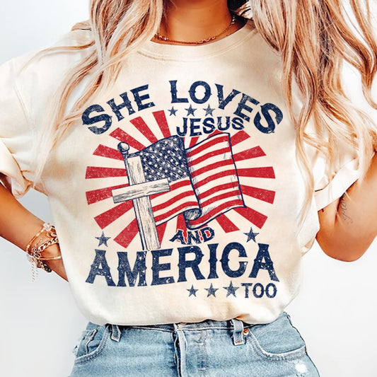 Independence Day T Shirt, Christian T Shirt, 4th of July Shirt, She Loves Jesus And America Too T Shirt, Retro America T Shirt, Usa T Shirt, USA Flag T-shirt & Hoodie