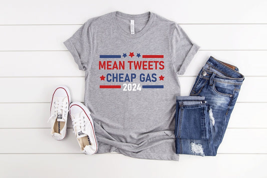 T-shirt « Mean Tweets and Cheap Gas 2024 », T-shirts conservateurs, T-shirt pro-Trump 2024, T-shirt anti-Biden, T-shirt Trump, Cadeau républicain, T-shirt et sweat à capuche patriotiques