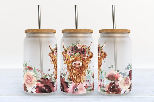 Floral Highland Cow Highland Cow Can Glass 0624