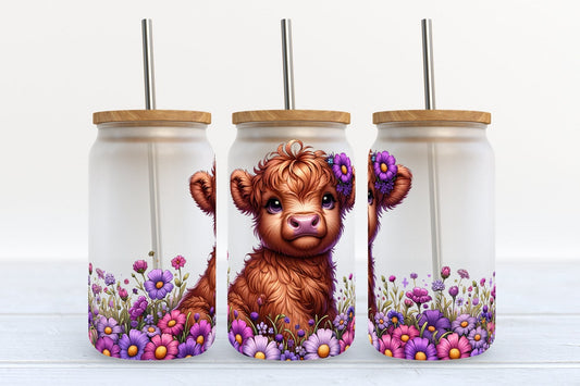 Vache des Highlands à motif floral, canette en verre 0624