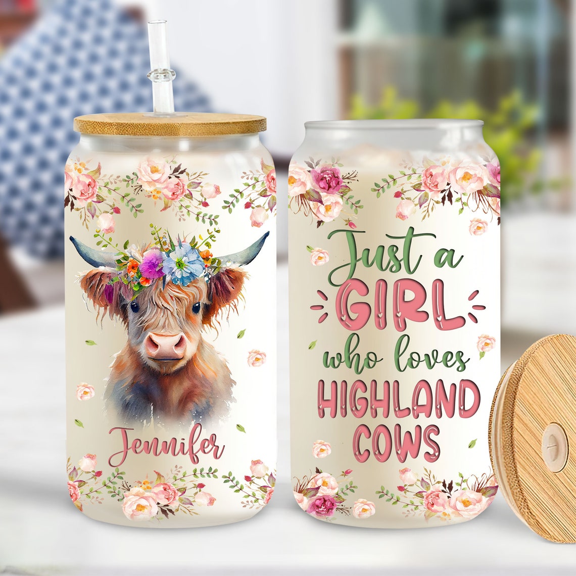 Juste une fille qui aime les vaches Highland Canette en verre personnalisée vache Highland 0624