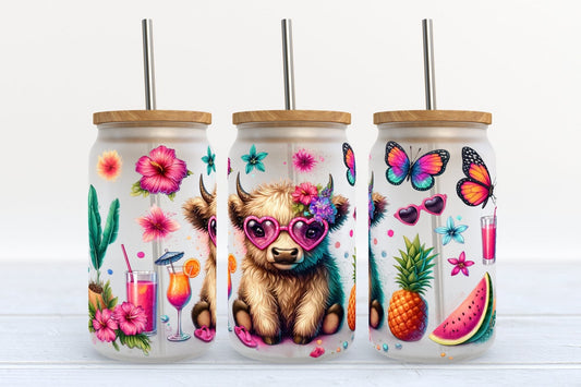 Summer Vibes Highland Cow Can Glass 0624