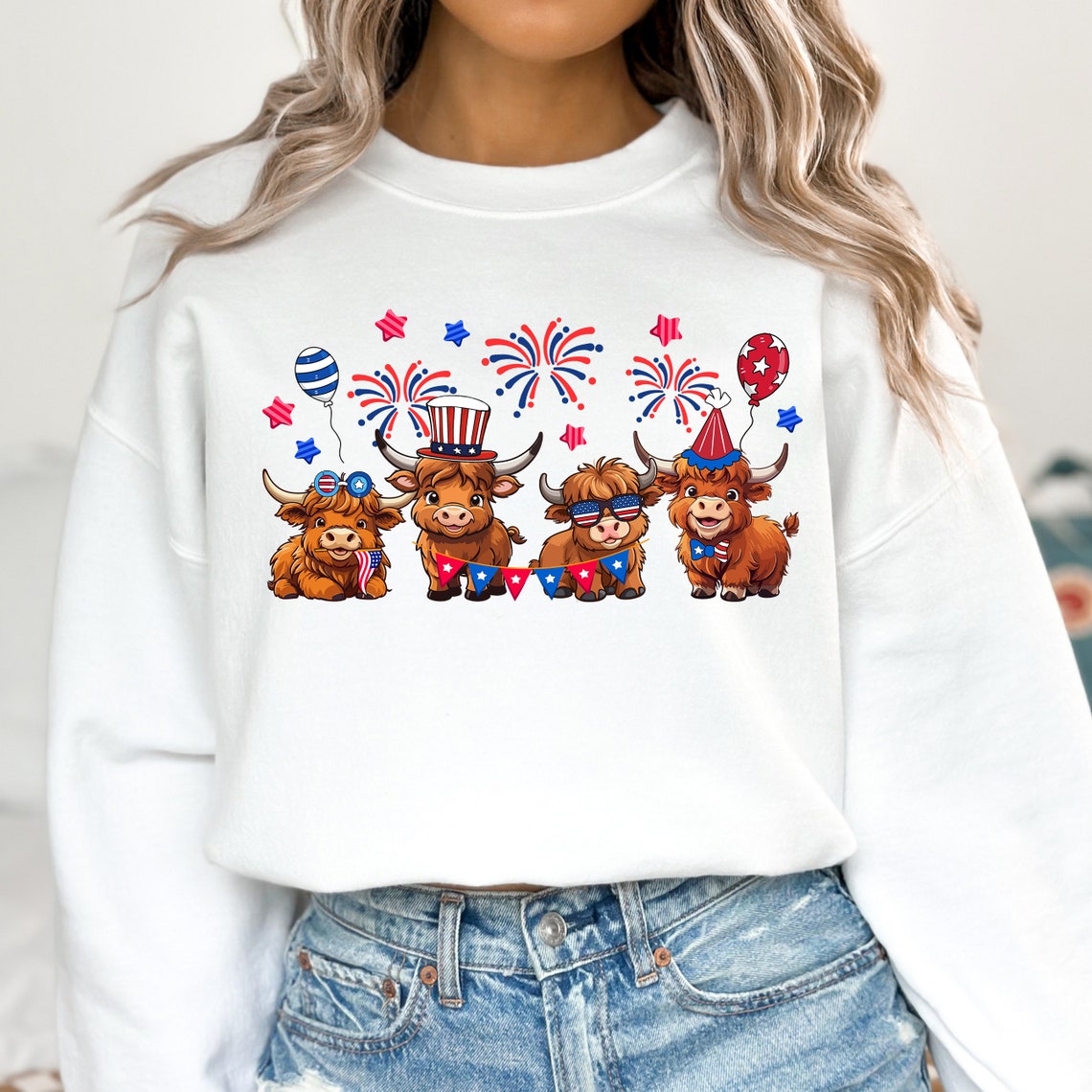 T-shirt et sweat à capuche « Vaches des Highlands » avec drapeau américain 0624
