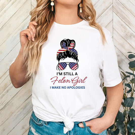 T-shirt et sweat à capuche « Felon 2024 Trump Felon » : Je suis toujours une fille criminelle, je ne m’excuse pas ! Élections 2024 : Reprenons l’Amérique ! T-shirt et sweat à capuche républicains patriotiques avec chignon décoiffé.