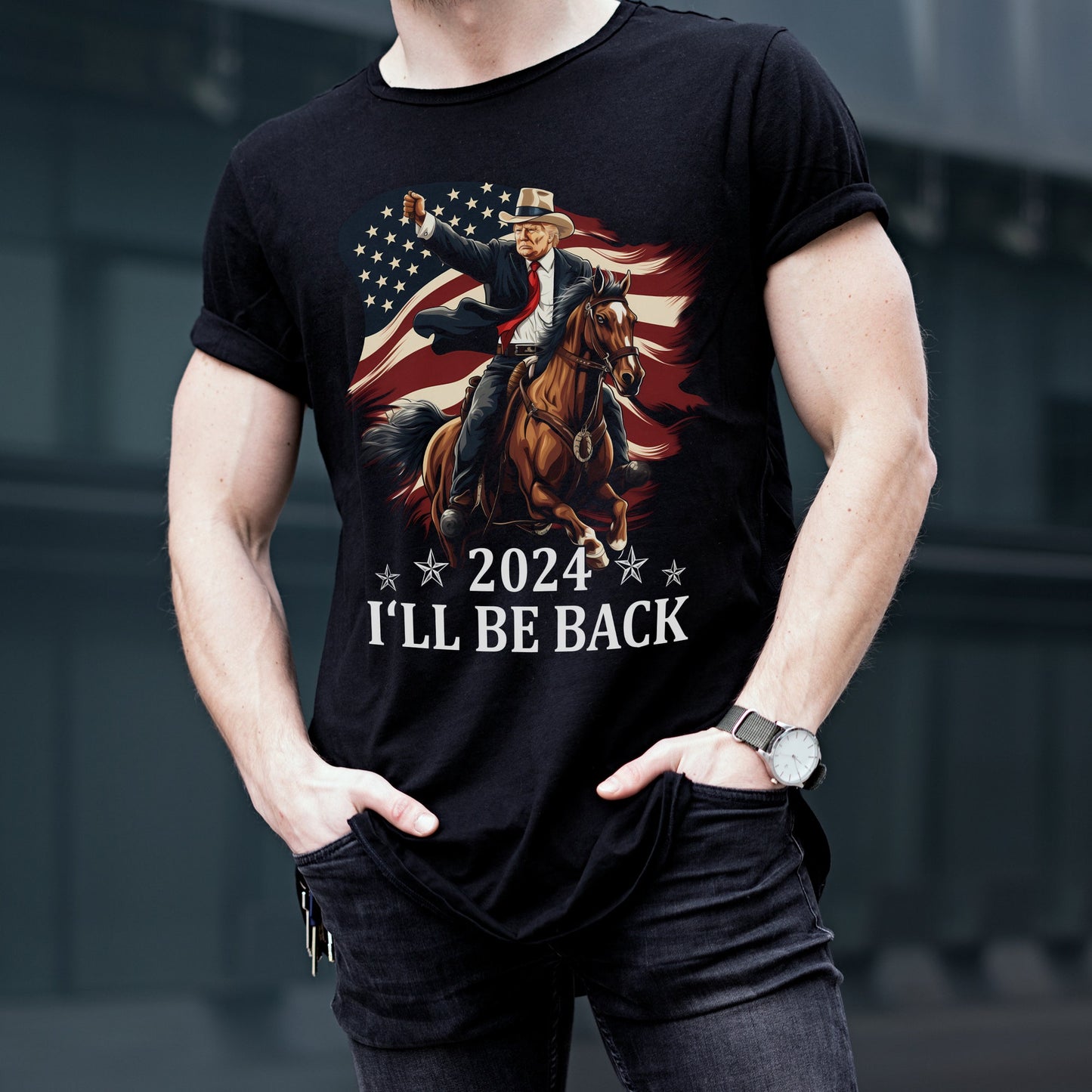 T-shirt Donald Trump 2024 - Trump à cheval avec le drapeau américain - T-shirt Trump cowboy - T-shirt Trump - Cadeaux républicains - T-shirt et sweat à capuche Trump
