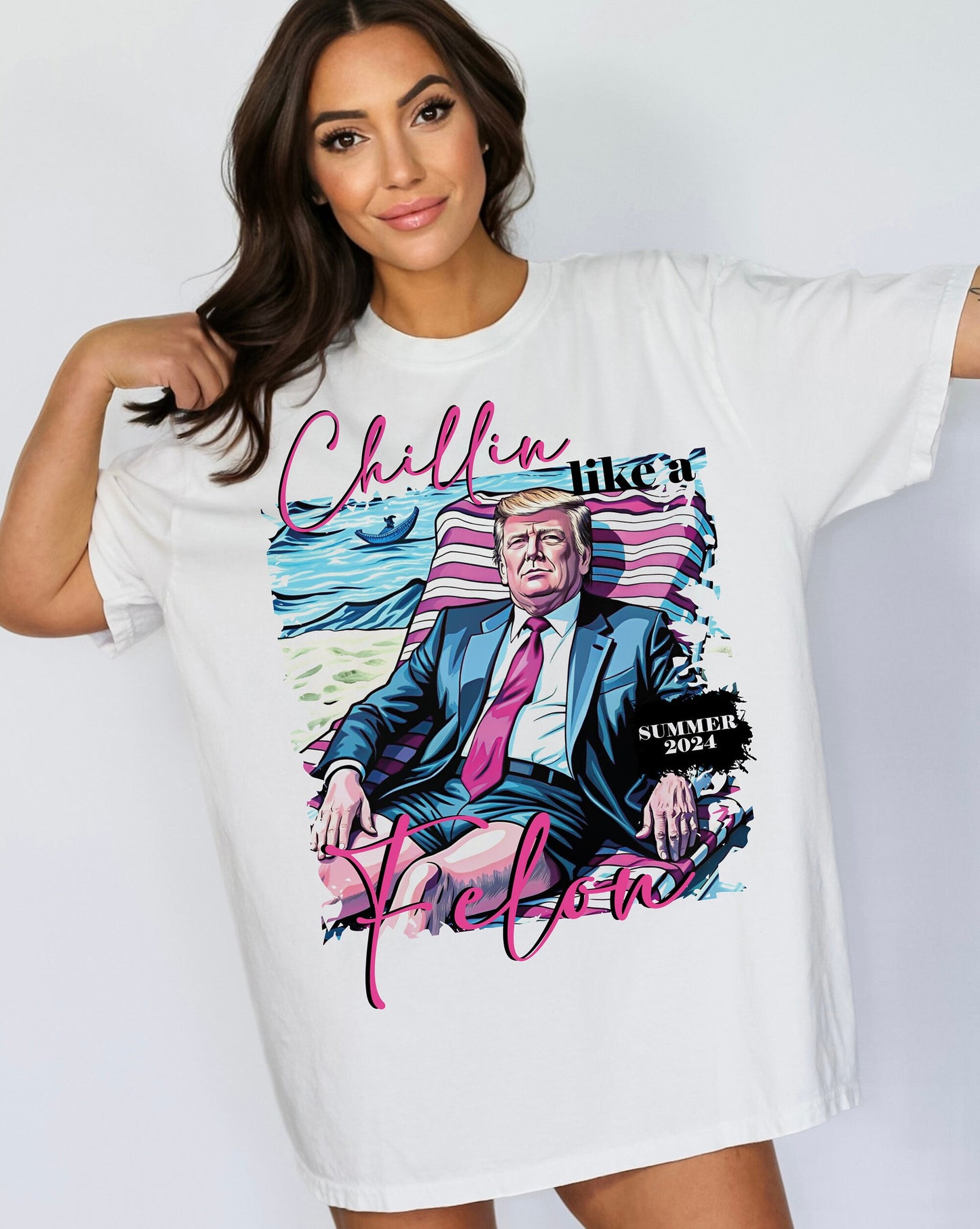 T-shirt « Chillin Like A FeI0n Été 2024 », T-shirt Trump 2024, Grand roi MAGA, T-shirt patriotique américain, T-shirt et sweat à capuche « Trump Wanted For President »