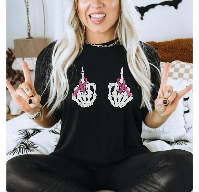 Skeleton Middle Finger Breast Cancer Shirt Breast Cancer Awareness T-shirt & Hoodie 0924