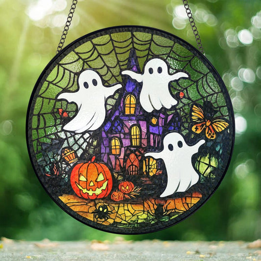 Attrape-soleil fantôme en vitrail pour décoration d'Halloween - Ornement à suspendre à la fenêtre - 0924 