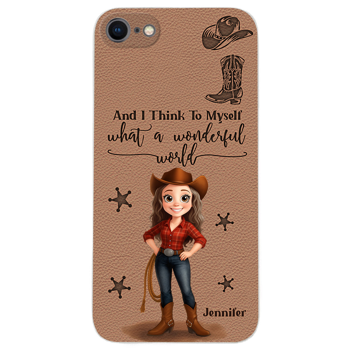 Cowgirl What A Wonderful World - Personalized Cowgirl Leather Phone Case