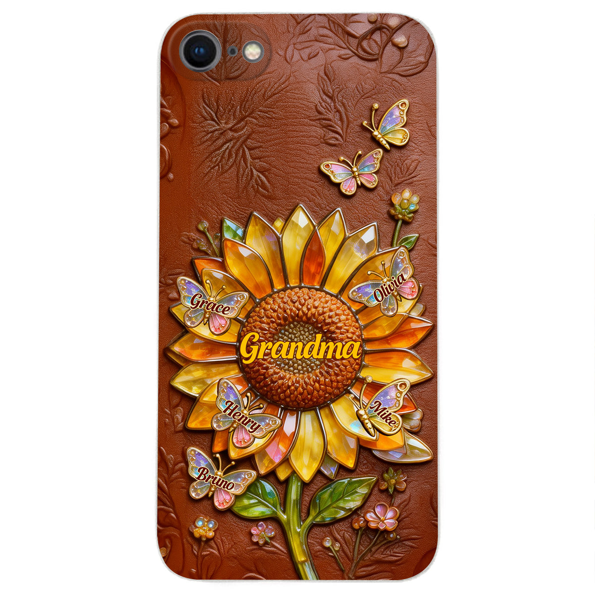 Grandma Sunflower - Personalized Grandma 3D Embossed Leather Phone Case