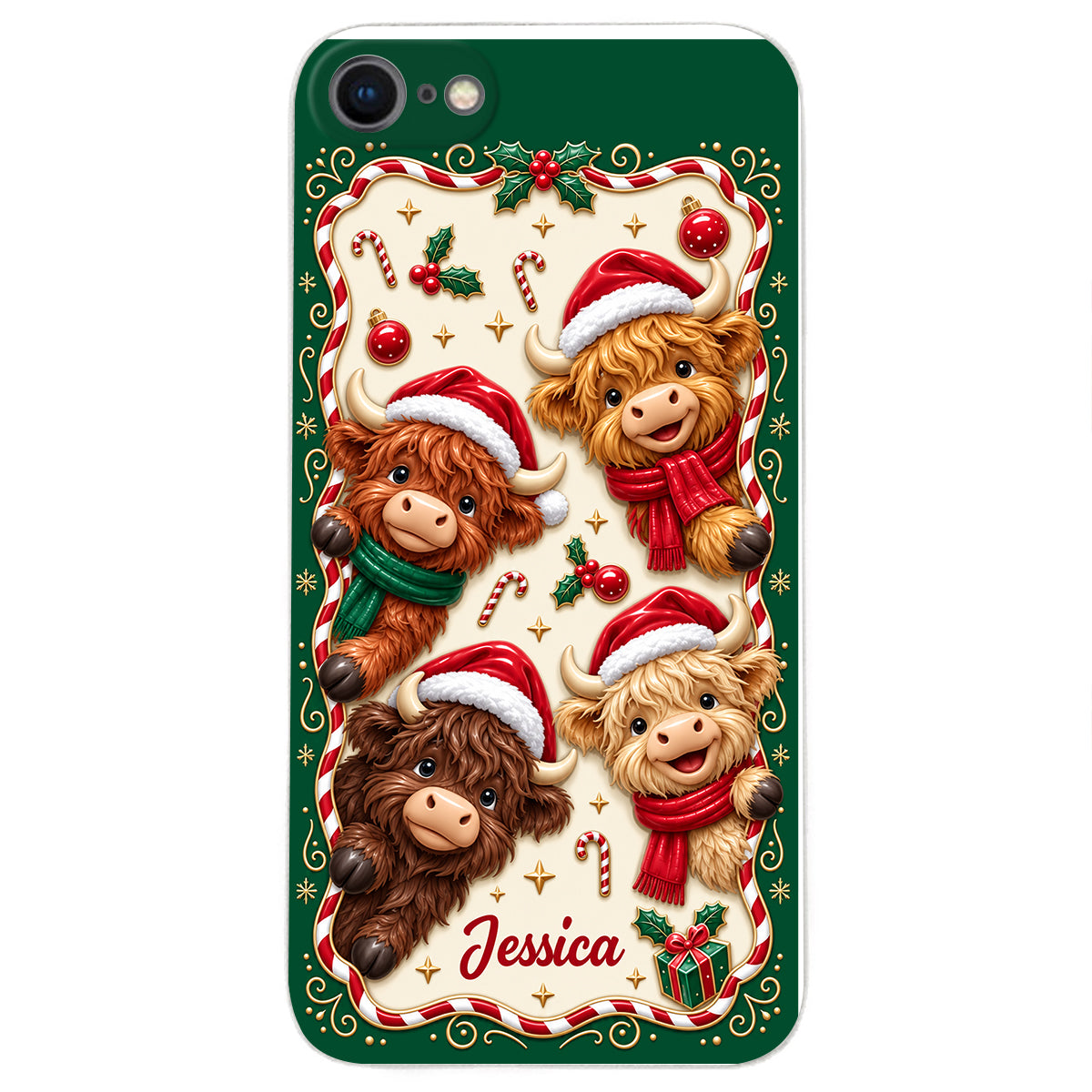 Merry Christmas Cute Highland Cows - Personalized Highland Cow 3D Embossed Leather Phone Case