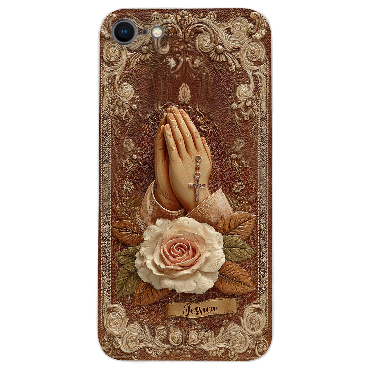 Étui de téléphone chrétien personnalisé en cuir avec mains jointes et roses
